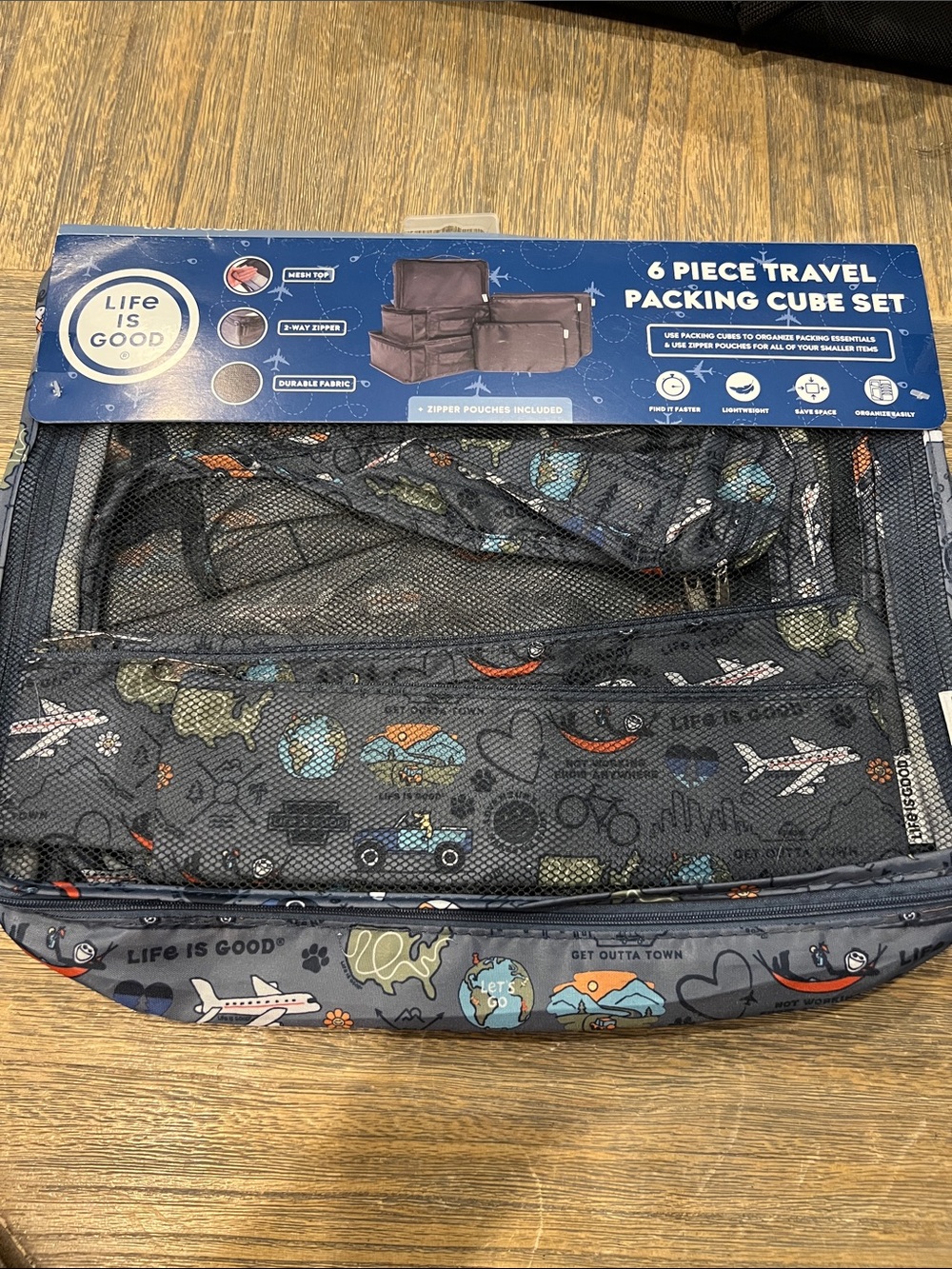 NWT Life Is Good Travel Packing Cube Set in Charcoal with Multicolor Print